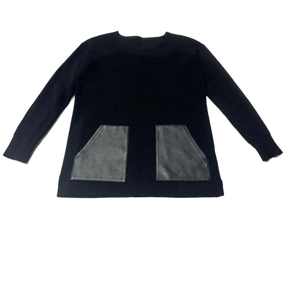 J.Crew Merino Wool Sweater Black Leather Trim Patch Pocket Pullover Women Large